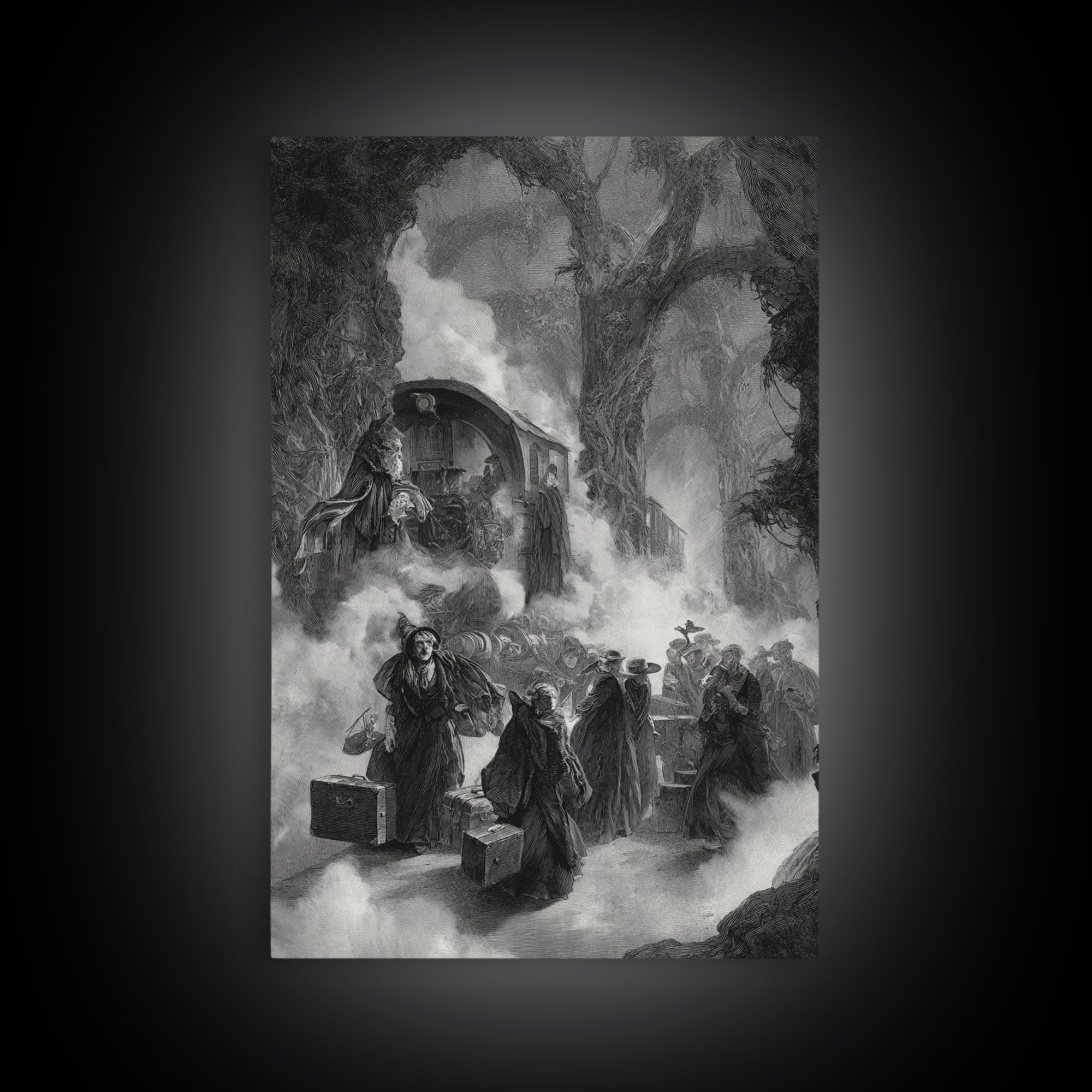 The Ghost Train Arrival, Baroque Witchcraft Art, Vertical Wall Art, Dark Halloween Decor, Canvas Print, Halloween Wall Art