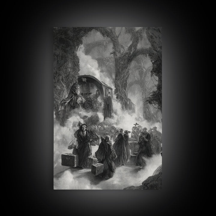 The Ghost Train Arrival, Baroque Witchcraft Art, Vertical Wall Art, Dark Halloween Decor, Canvas Print, Halloween Wall Art