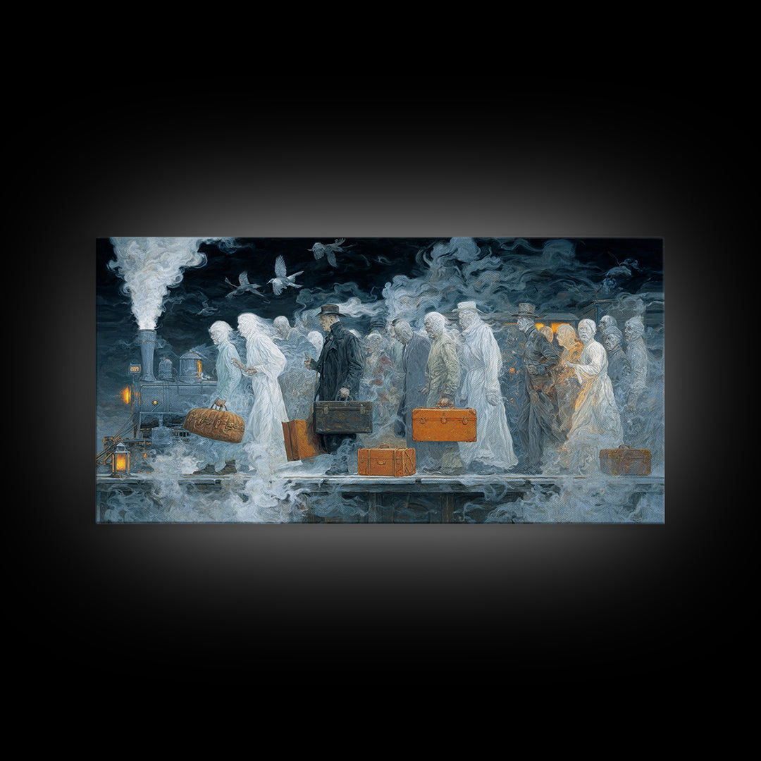 The Ghost Train Arrival, Visionary Gothic Art, Wide Panoramic Art, Dark Halloween Decor, Canvas Print, Halloween Wall Art