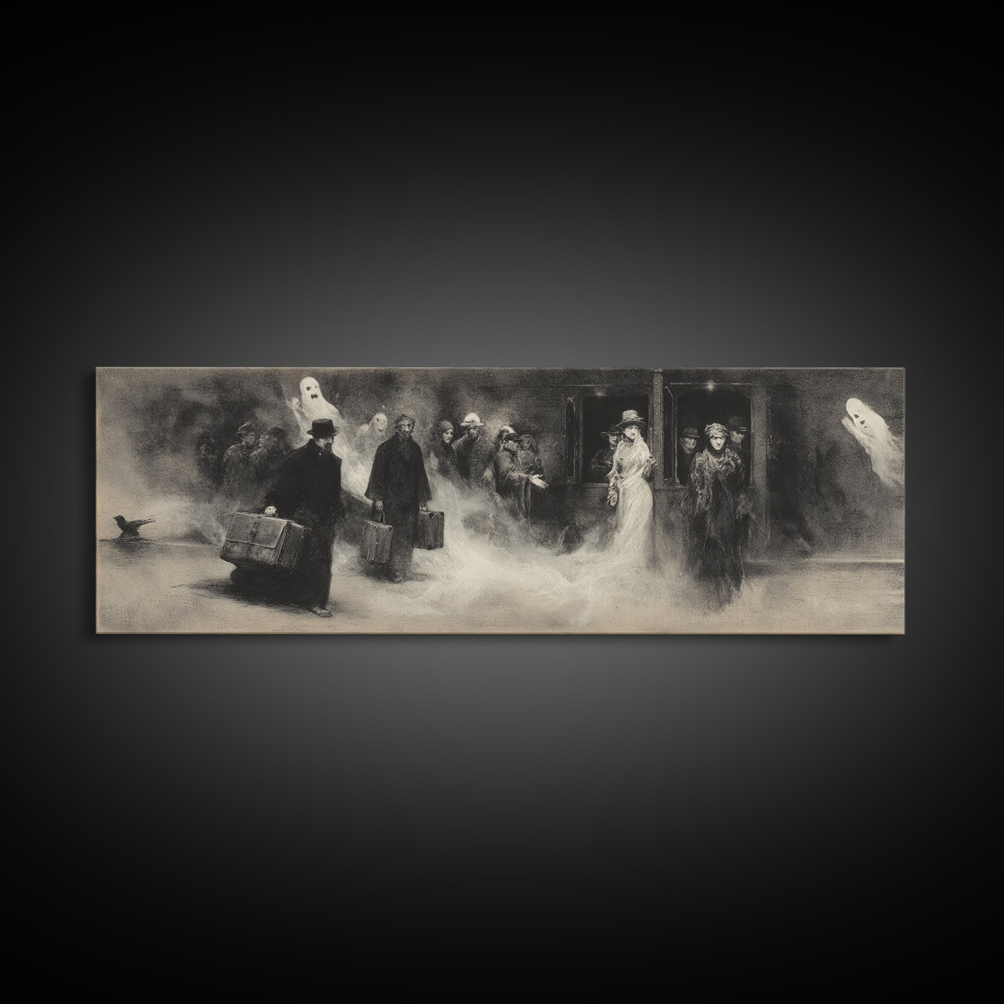 The Ghost Train Arrival, Symbolist Dream Art, Extra Wide Wall Art, Dark Halloween Decor, Canvas Print, Halloween Wall Art