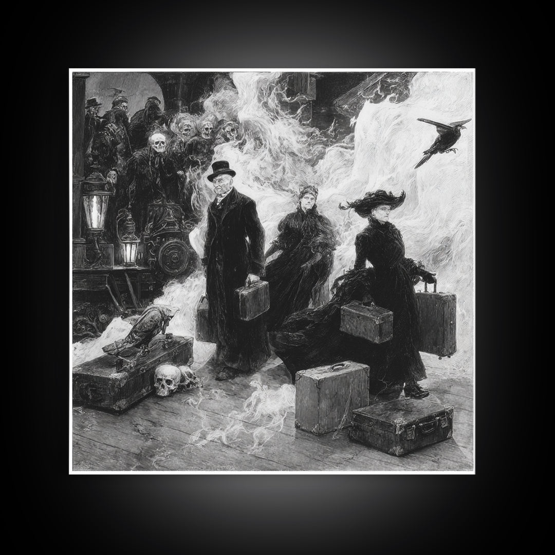 The Ghost Train Arrival, Decadent Gothic Art, Square Wall Art, Dark Halloween Decor, Framed Canvas Print, Halloween Wall Art