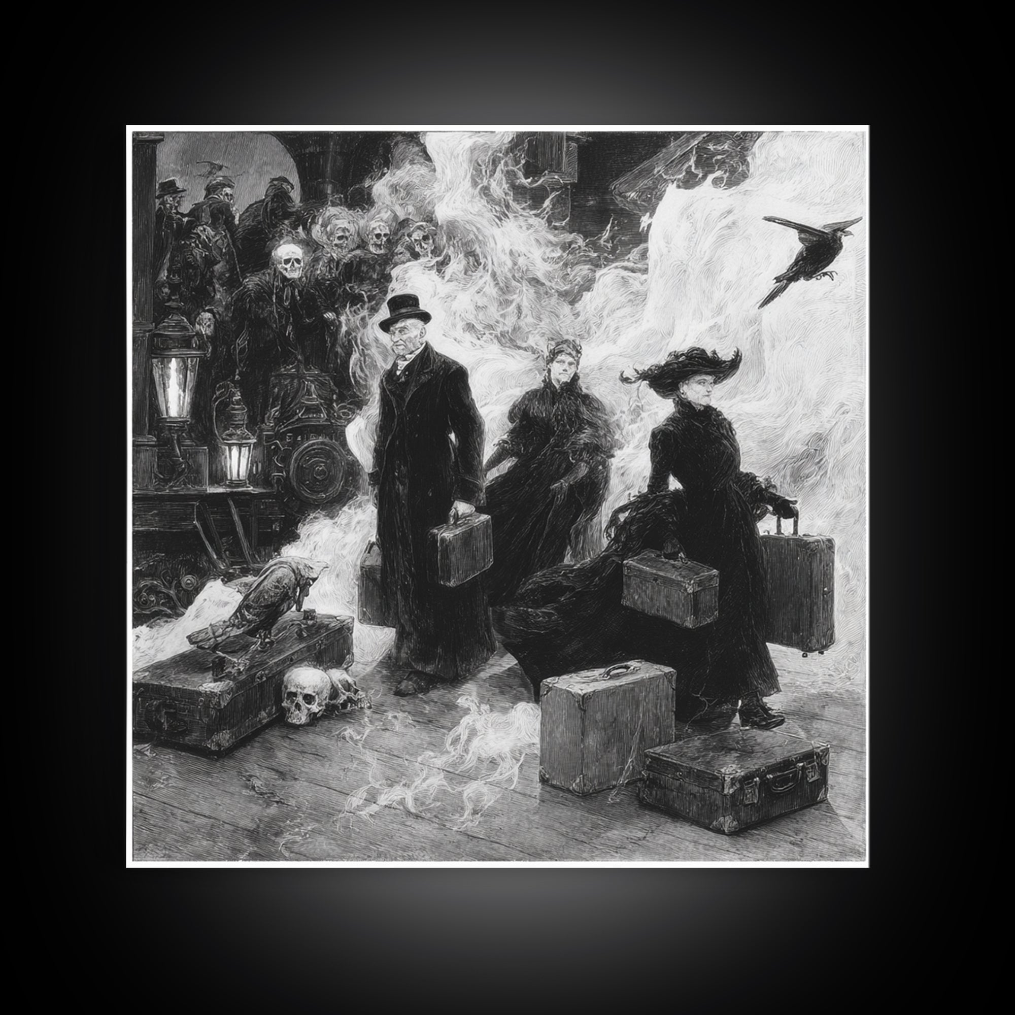 The Ghost Train Arrival, Decadent Gothic Art, Square Wall Art, Dark Halloween Decor, Framed Canvas Print, Halloween Wall Art