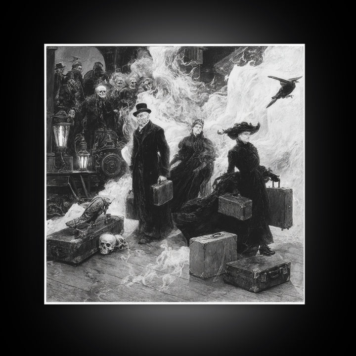 The Ghost Train Arrival, Decadent Gothic Art, Square Wall Art, Dark Halloween Decor, Framed Canvas Print, Halloween Wall Art