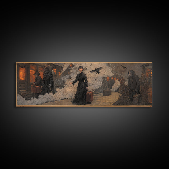 The Ghost Train Arrival, Symbolist Etching Art, Extra Wide Wall Art, Dark Fantasy Wall Art, Framed Canvas Print, Halloween Wall Art
