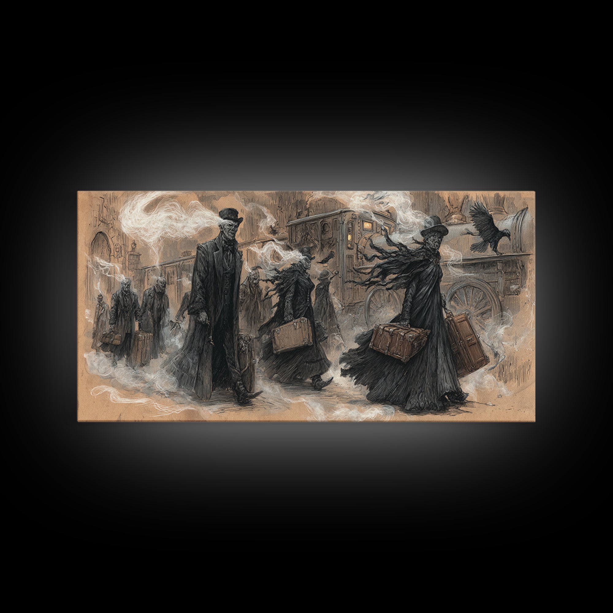 The Ghost Train Arrival, Expressionist Nightmare Art, Wide Panoramic Art, Macabre Wall Art, Canvas Print, Halloween Wall Art