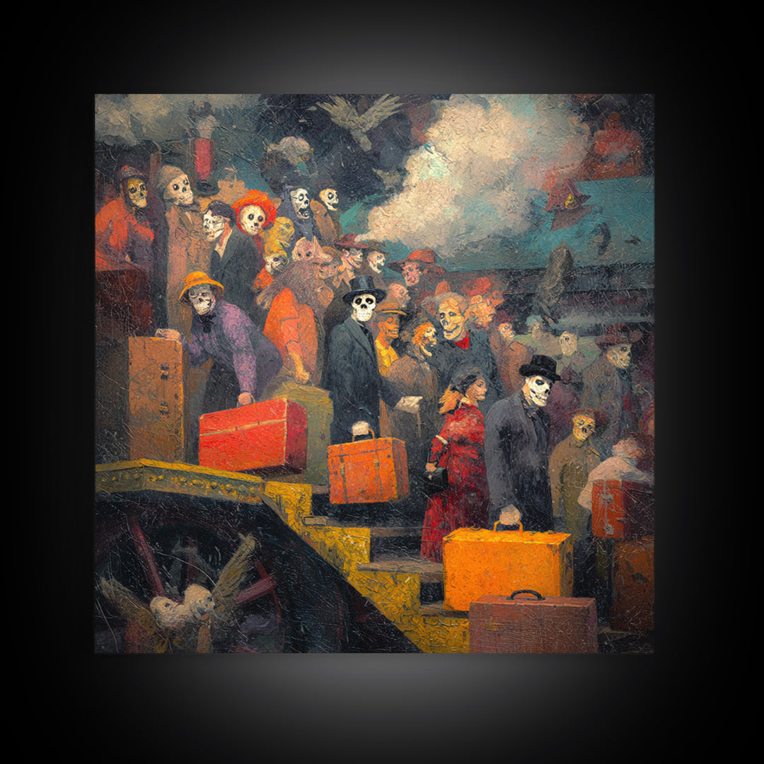 The Ghost Train Arrival, Grotesque Carnival Art, Square Wall Art, Macabre Wall Art, Framed Canvas Print, Halloween Wall Art