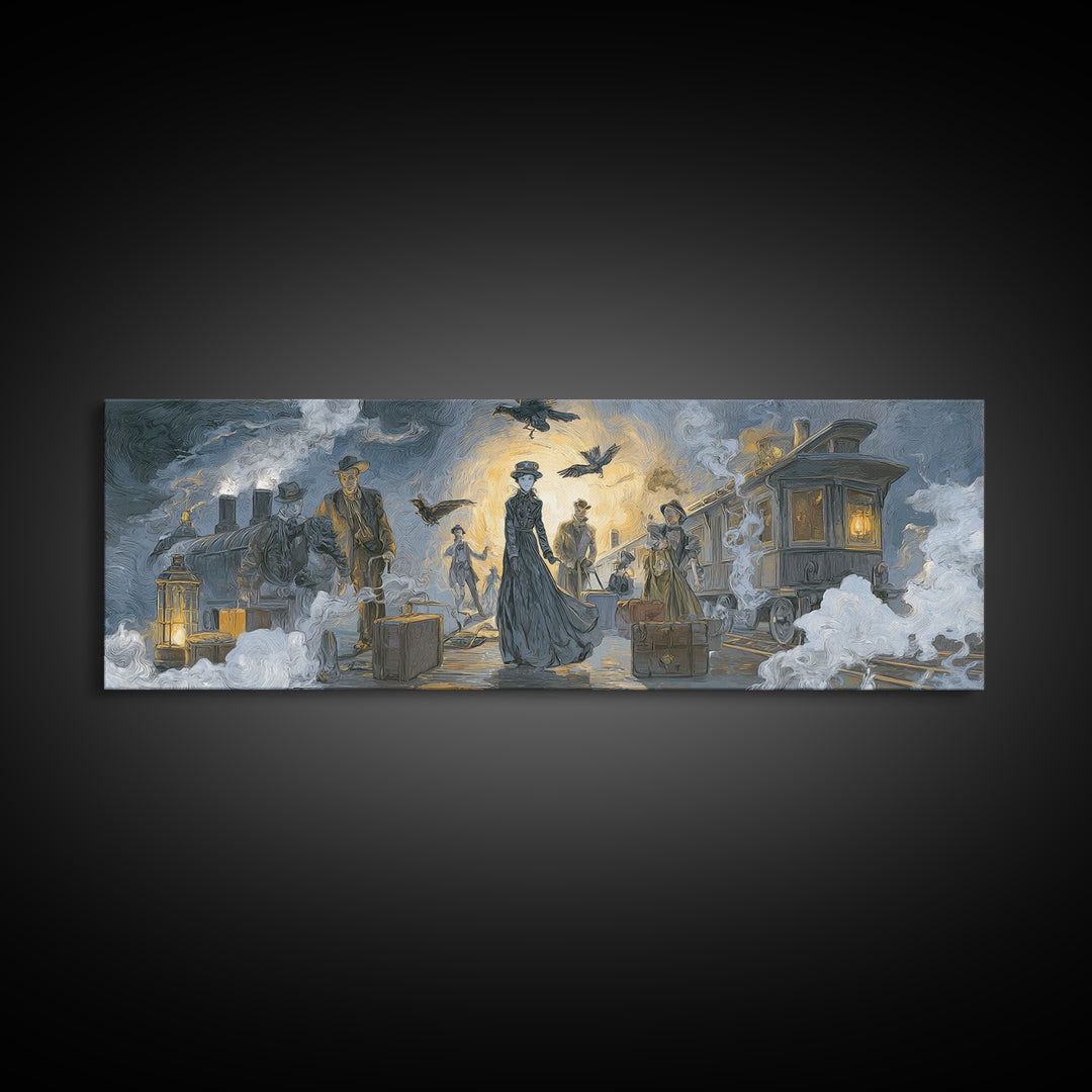 The Ghost Train Arrival, Expressionist Gothic Art, Extra Wide Wall Art, Dark Halloween Decor, Canvas Print, Halloween Wall Art