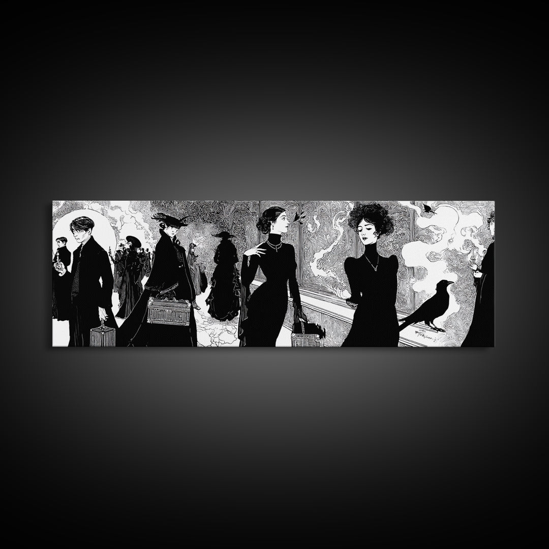 The Ghost Train Arrival, Decadent Line Art, Extra Wide Wall Art, Gothic Horror Wall Art, Canvas Print, Halloween Wall Art