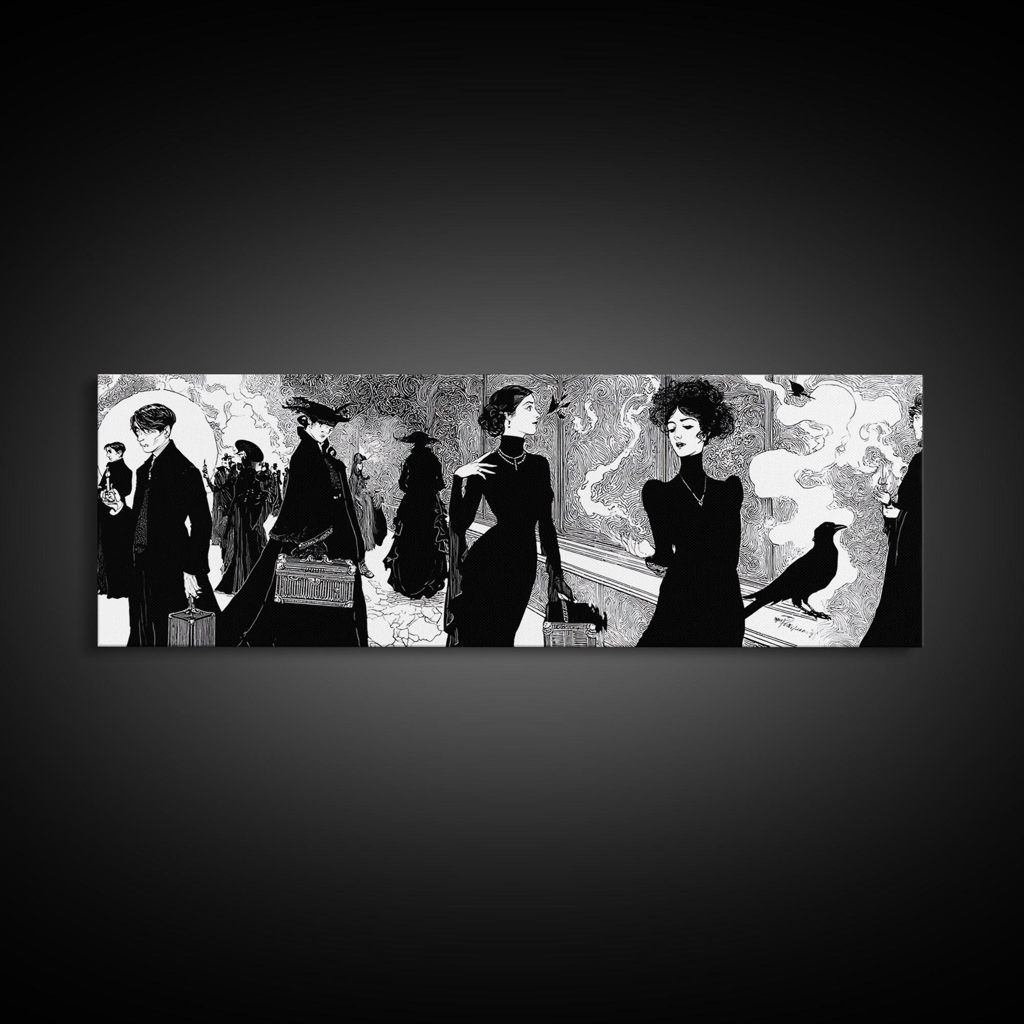The Ghost Train Arrival, Decadent Line Art, Extra Wide Wall Art, Gothic Horror Wall Art, Canvas Print, Halloween Wall Art