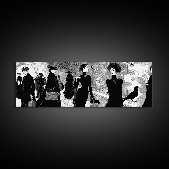 The Ghost Train Arrival, Decadent Line Art, Extra Wide Wall Art, Gothic Horror Wall Art, Canvas Print, Halloween Wall Art