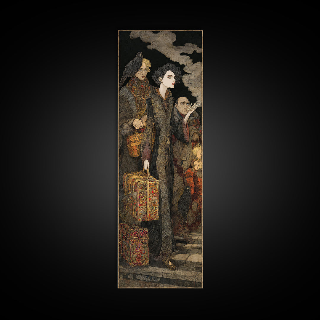 The Ghost Train Arrival, Stained Glass Gothic Art, Tall Narrow Wall Art, Macabre Wall Art, Canvas Print, Halloween Wall Art