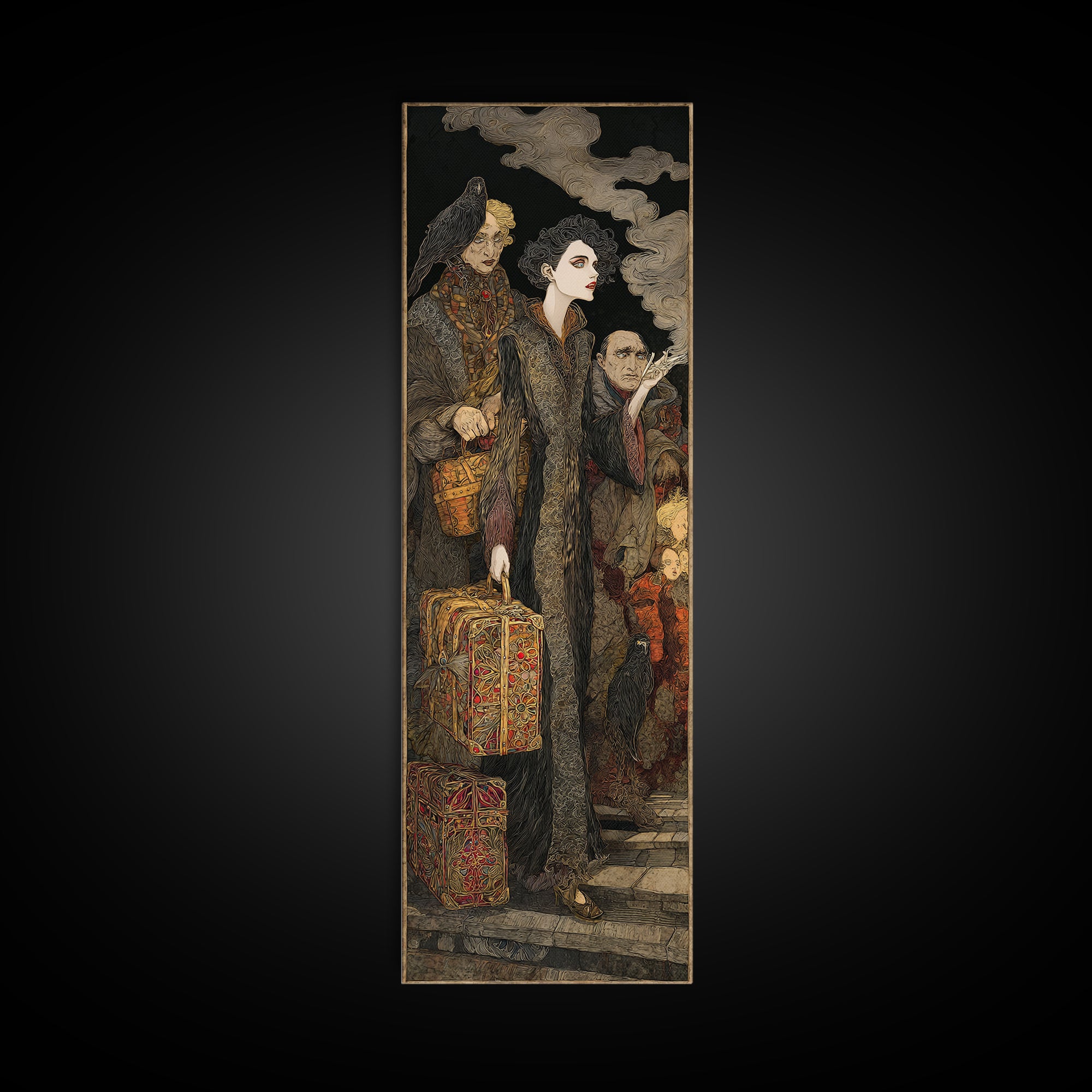 The Ghost Train Arrival, Stained Glass Gothic Art, Tall Narrow Wall Art, Macabre Wall Art, Canvas Print, Halloween Wall Art
