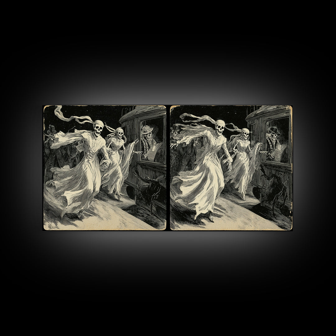 The Ghost Train Arrival, Macabre Folk Print Art, Wide Panoramic Art, Dark Fantasy Wall Art, Framed Canvas Print