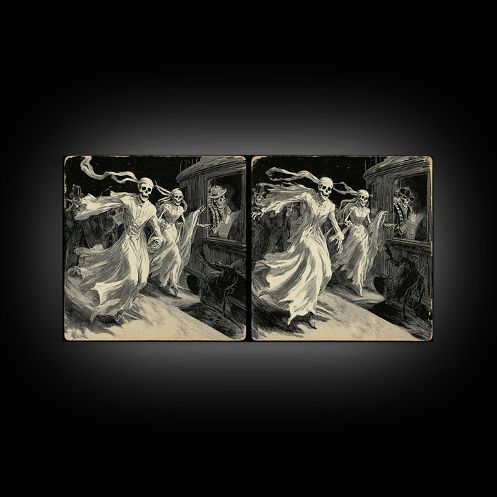 The Ghost Train Arrival, Macabre Folk Print Art, Wide Panoramic Art, Dark Fantasy Wall Art, Framed Canvas Print