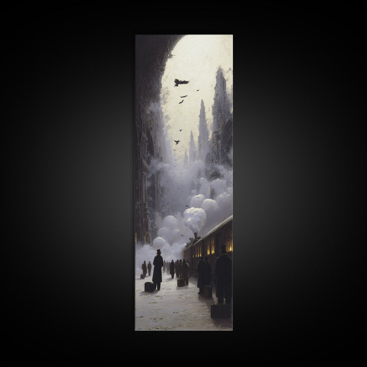 The Ghost Train Arrival, Surreal Apocalyptic Art, Tall Narrow Wall Art, Dark Halloween Decor, Canvas Print, Halloween Wall Art
