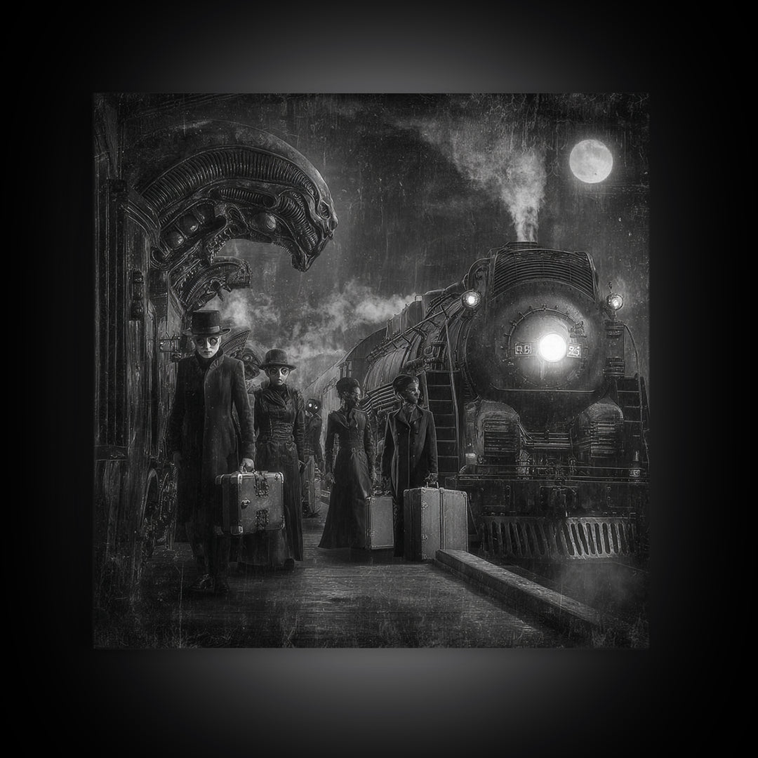 The Ghost Train Arrival, Biomechanical Horror Art, Square Wall Art, Dark Fantasy Wall Art, Framed Canvas Print, Halloween Wall Art