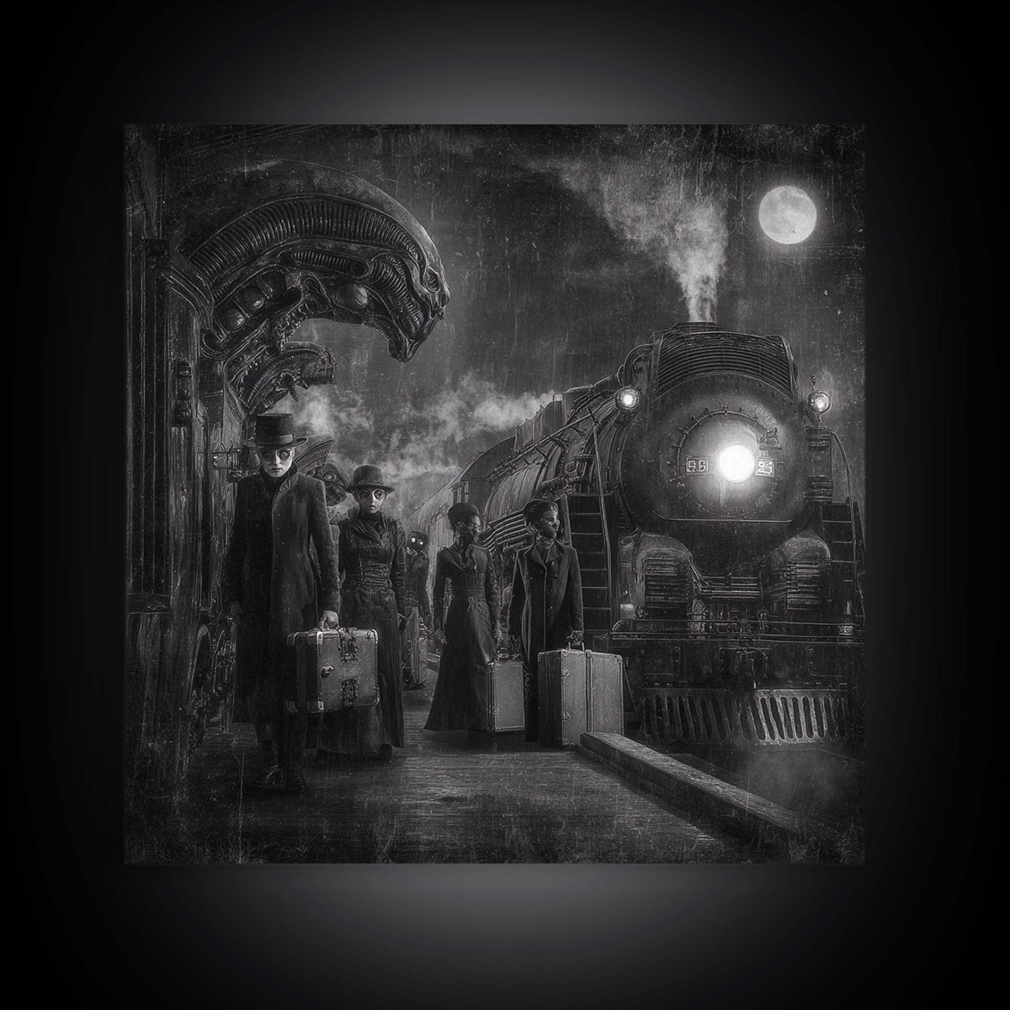 The Ghost Train Arrival, Biomechanical Horror Art, Square Wall Art, Dark Fantasy Wall Art, Framed Canvas Print, Halloween Wall Art