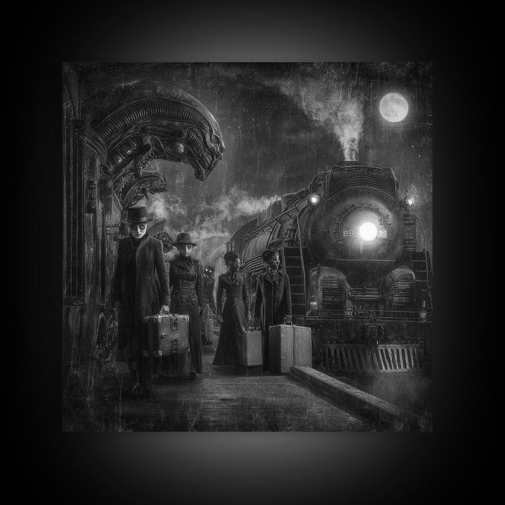 The Ghost Train Arrival, Biomechanical Horror Art, Square Wall Art, Dark Fantasy Wall Art, Framed Canvas Print, Halloween Wall Art