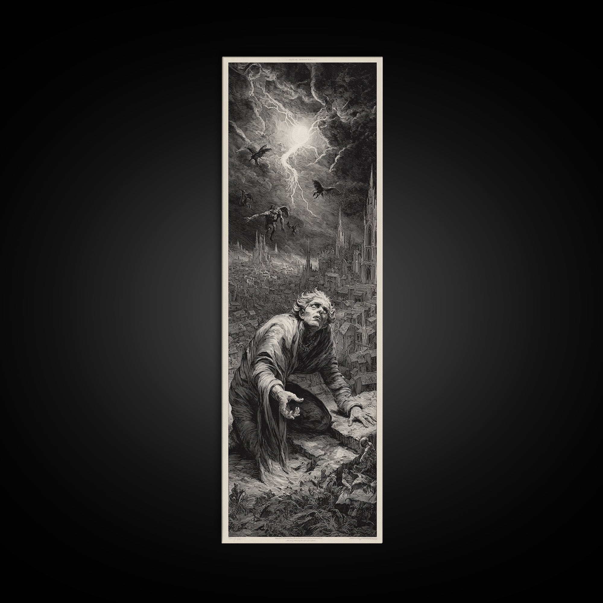 The Halloween Storm, Gothic Engraving Art, Tall Narrow Wall Art, Gothic Horror Wall Art, Canvas Print, Halloween Wall Art
