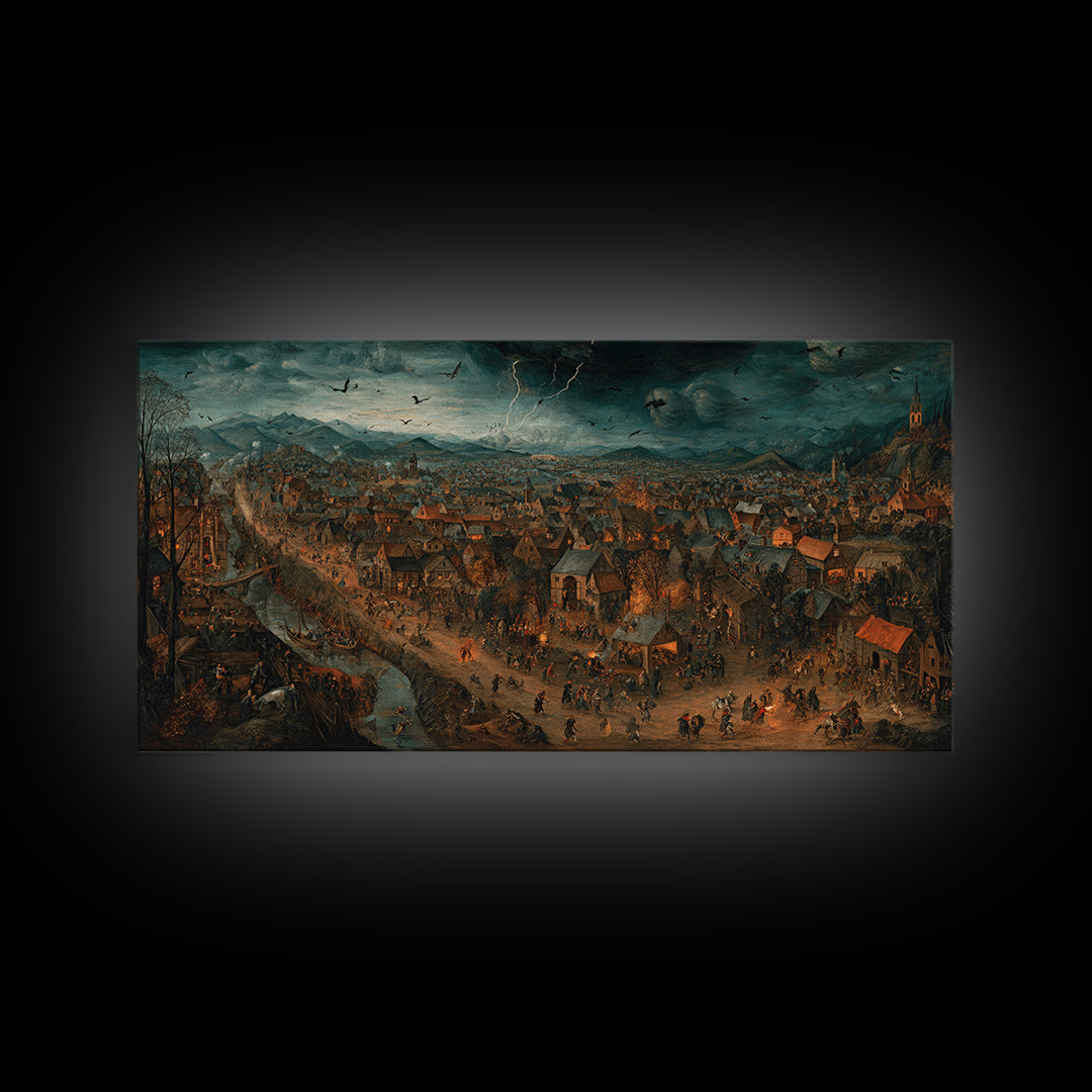 The Halloween Storm, Northern Renaissance Horror, Wide Panoramic Art, Dark Fantasy Wall Art, Canvas Print, Halloween Wall Art