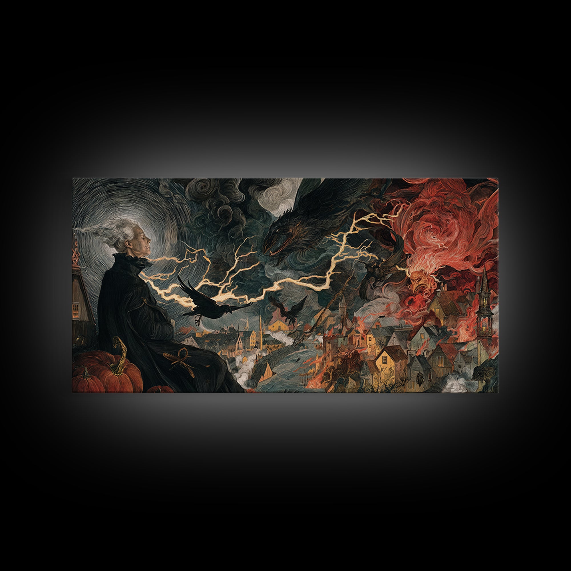 The Halloween Storm, Dark Renaissance Art, Wide Panoramic Art, Dark Fantasy Wall Art, Framed Canvas Print, Halloween Wall Art
