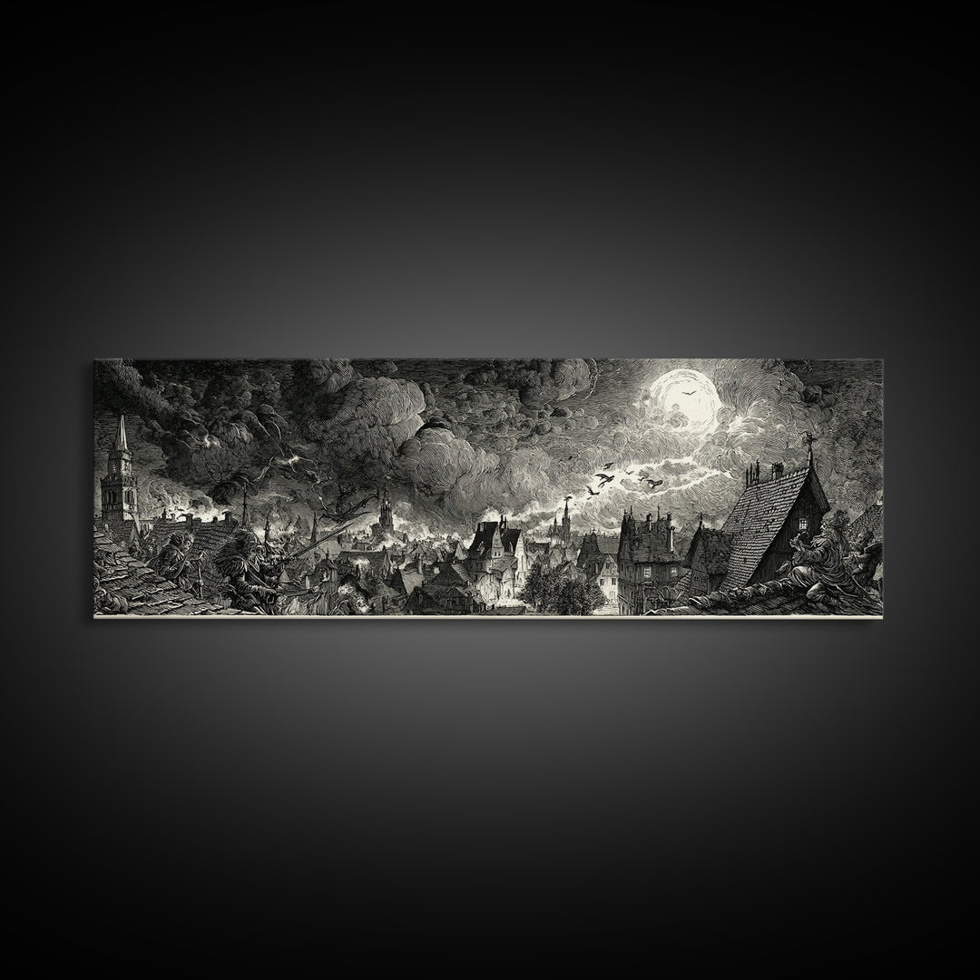 The Halloween Storm, Renaissance Engraving Art, Extra Wide Wall Art, Dark Fantasy Wall Art, Canvas Print, Halloween Wall Art