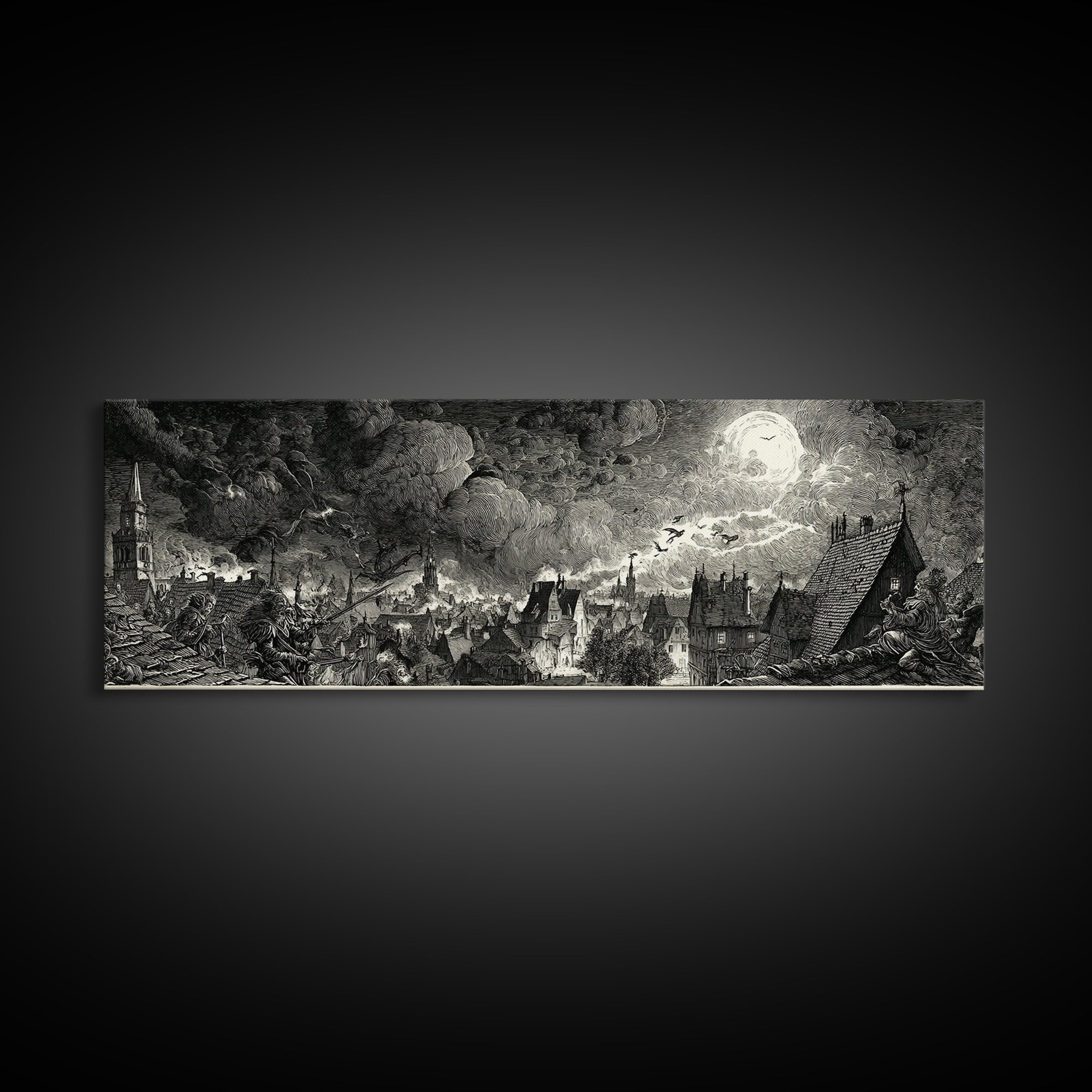 The Halloween Storm, Renaissance Engraving Art, Extra Wide Wall Art, Dark Fantasy Wall Art, Canvas Print, Halloween Wall Art
