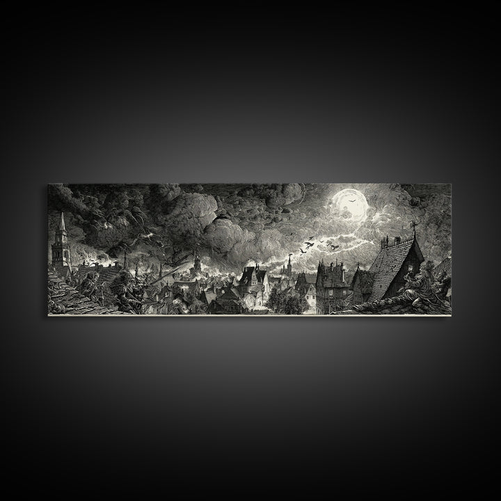 The Halloween Storm, Renaissance Engraving Art, Extra Wide Wall Art, Dark Fantasy Wall Art, Canvas Print, Halloween Wall Art