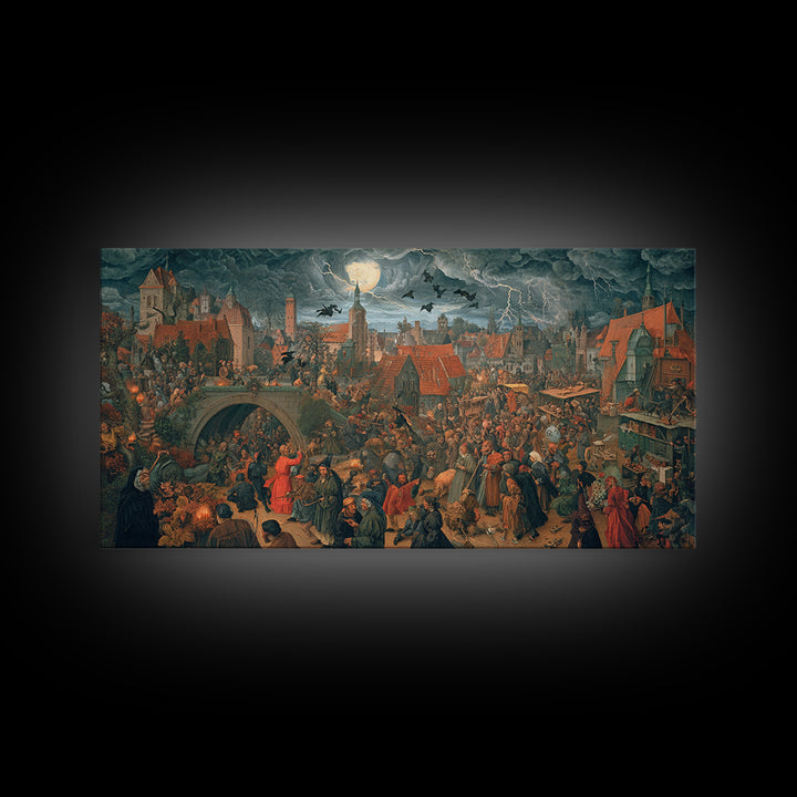 The Halloween Storm, Danse Macabre Art, Wide Panoramic Art, Macabre Wall Art, Framed Canvas Print, Halloween Wall Art