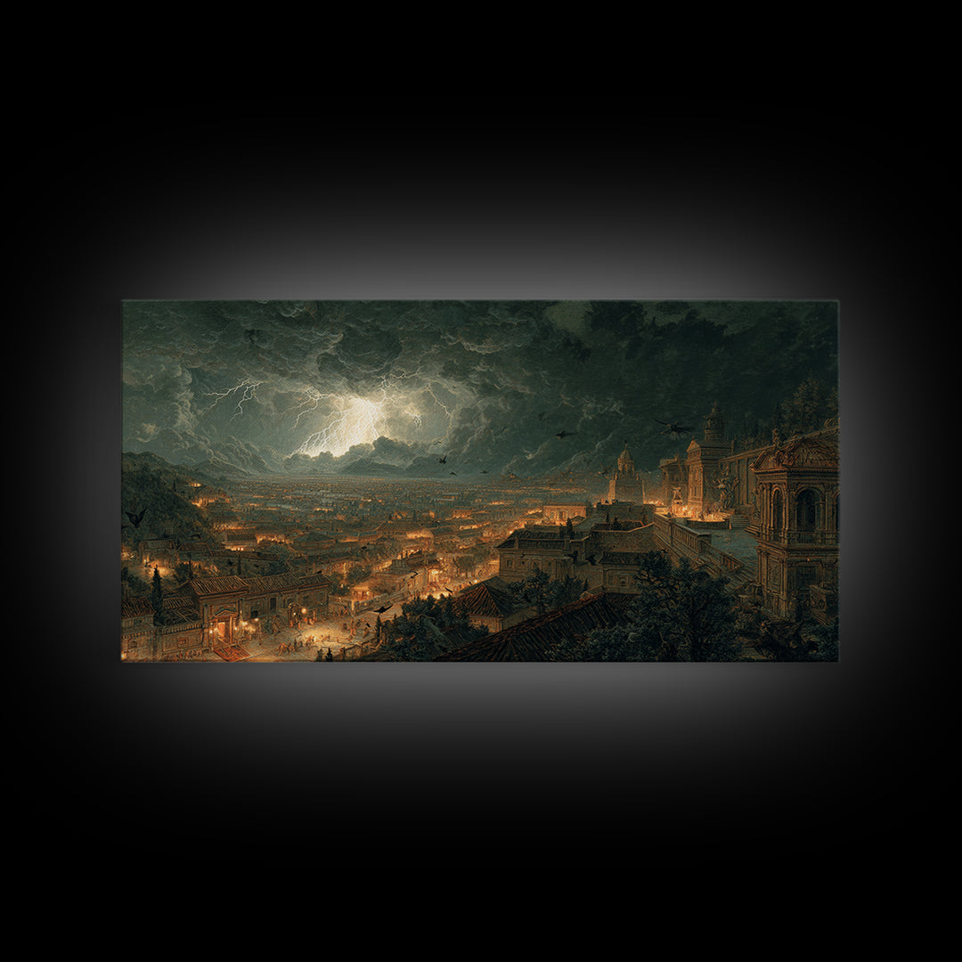 The Halloween Storm, Architectural Etching Art, Wide Panoramic Art, Dark Halloween Decor, Canvas Print, Halloween Wall Art