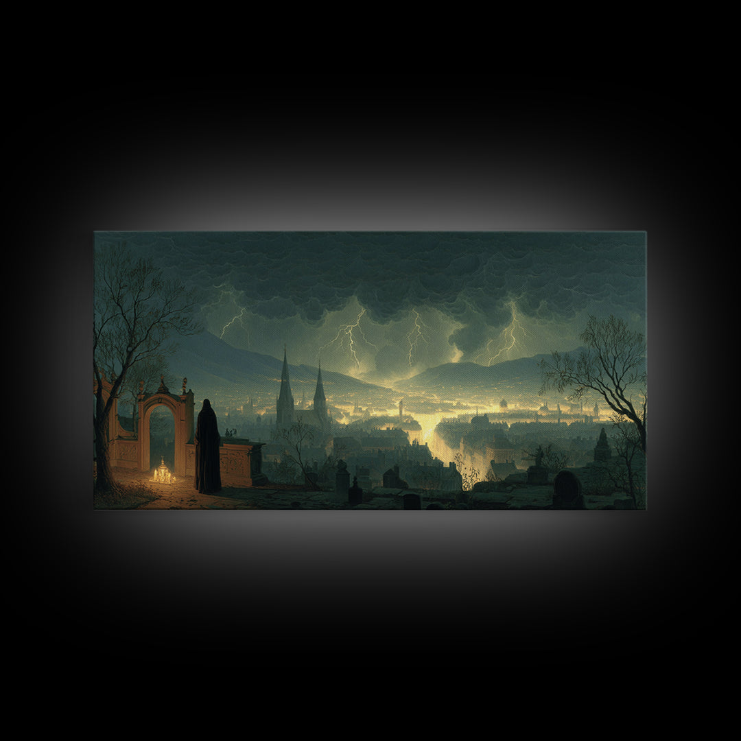 The Halloween Storm, Romantic Gothic Landscape, Wide Panoramic Art, Dark Halloween Decor, Framed Canvas Print, Halloween Wall Art