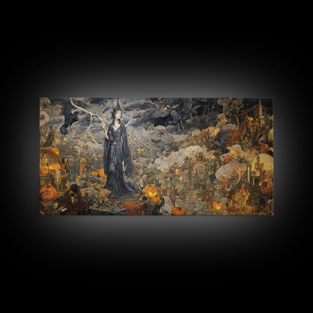 The Halloween Storm, Ornate Symbolist Art, Wide Panoramic Art, Macabre Wall Art, Canvas Print, Halloween Wall Art, Halloween Decor