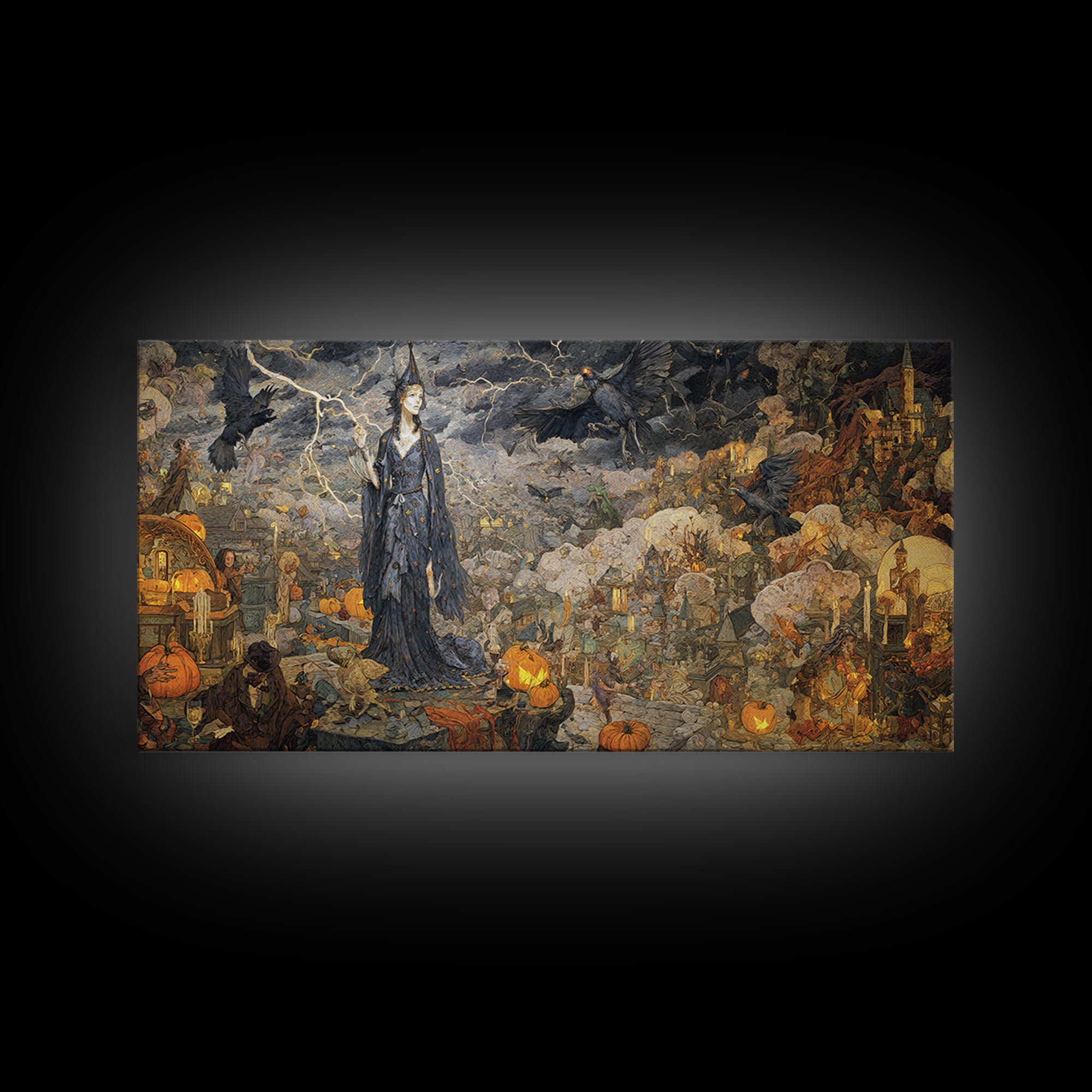The Halloween Storm, Ornate Symbolist Art, Wide Panoramic Art, Macabre Wall Art, Canvas Print, Halloween Wall Art, Halloween Decor