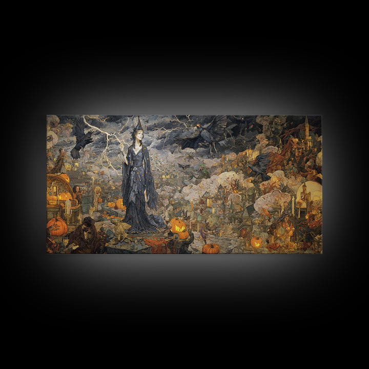 The Halloween Storm, Ornate Symbolist Art, Wide Panoramic Art, Macabre Wall Art, Canvas Print, Halloween Wall Art, Halloween Decor