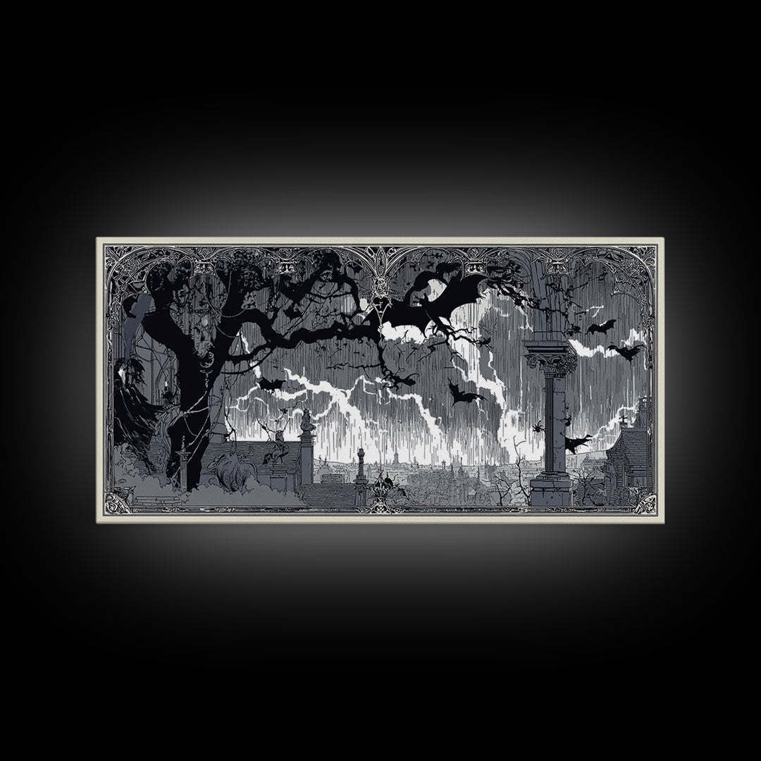 The Halloween Storm, Decadent Line Art, Wide Panoramic Art, Gothic Horror Wall Art, Framed Canvas Print, Halloween Wall Art