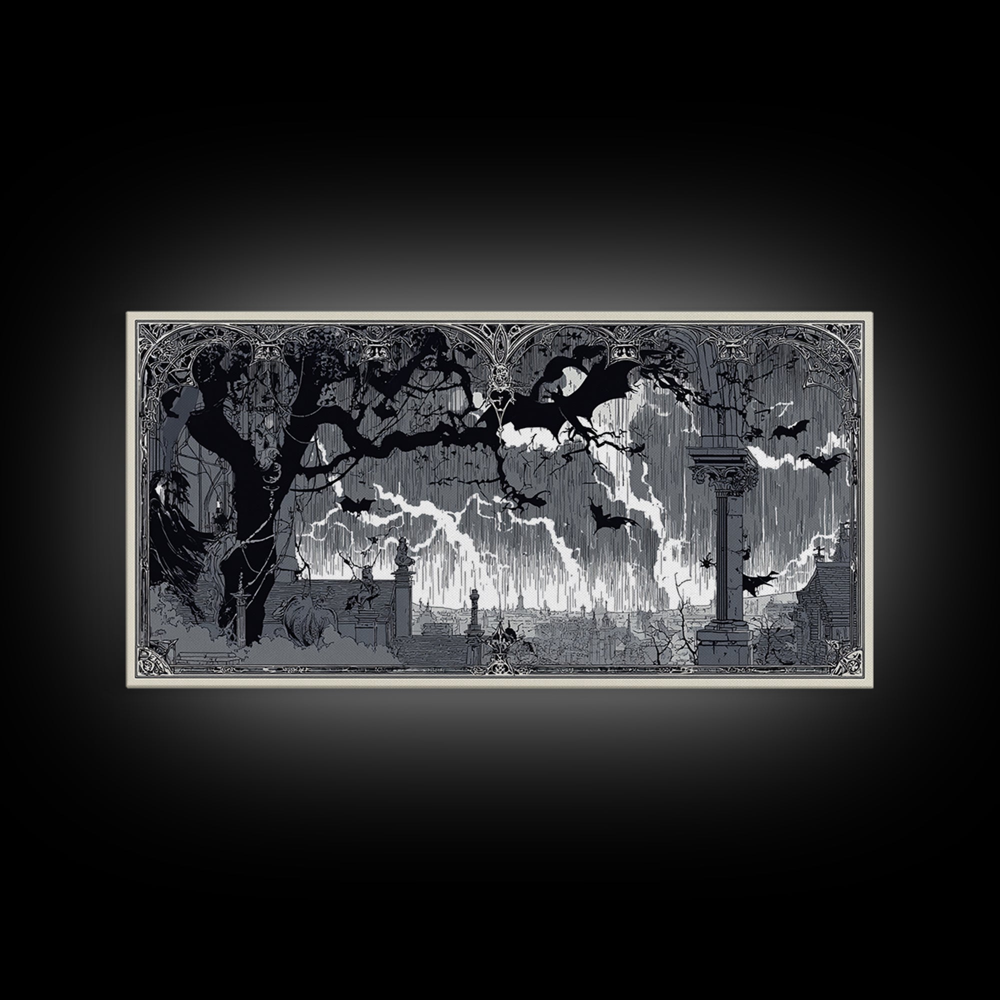 The Halloween Storm, Decadent Line Art, Wide Panoramic Art, Gothic Horror Wall Art, Framed Canvas Print, Halloween Wall Art