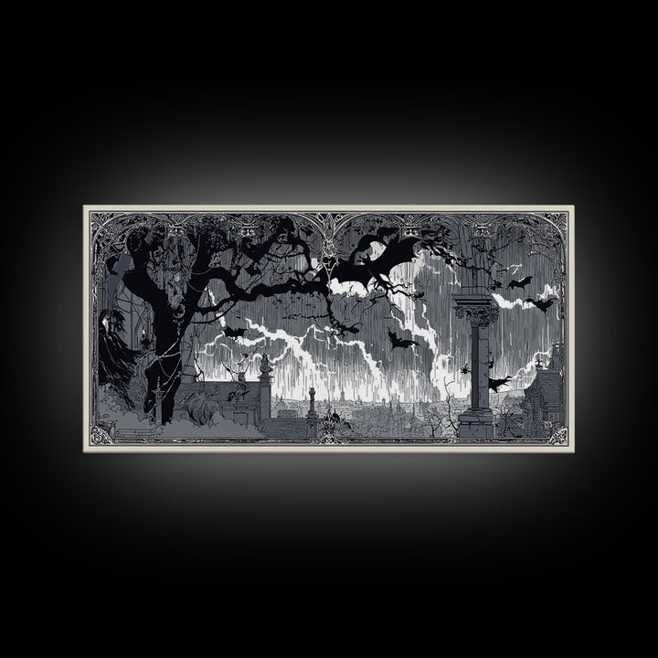 The Halloween Storm, Decadent Line Art, Wide Panoramic Art, Gothic Horror Wall Art, Framed Canvas Print, Halloween Wall Art