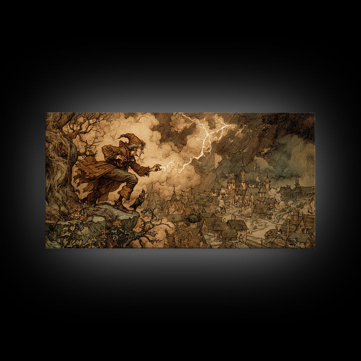 The Halloween Storm, Gothic Storybook Art, Wide Panoramic Art, Dark Fantasy Wall Art, Canvas Print, Halloween Wall Art