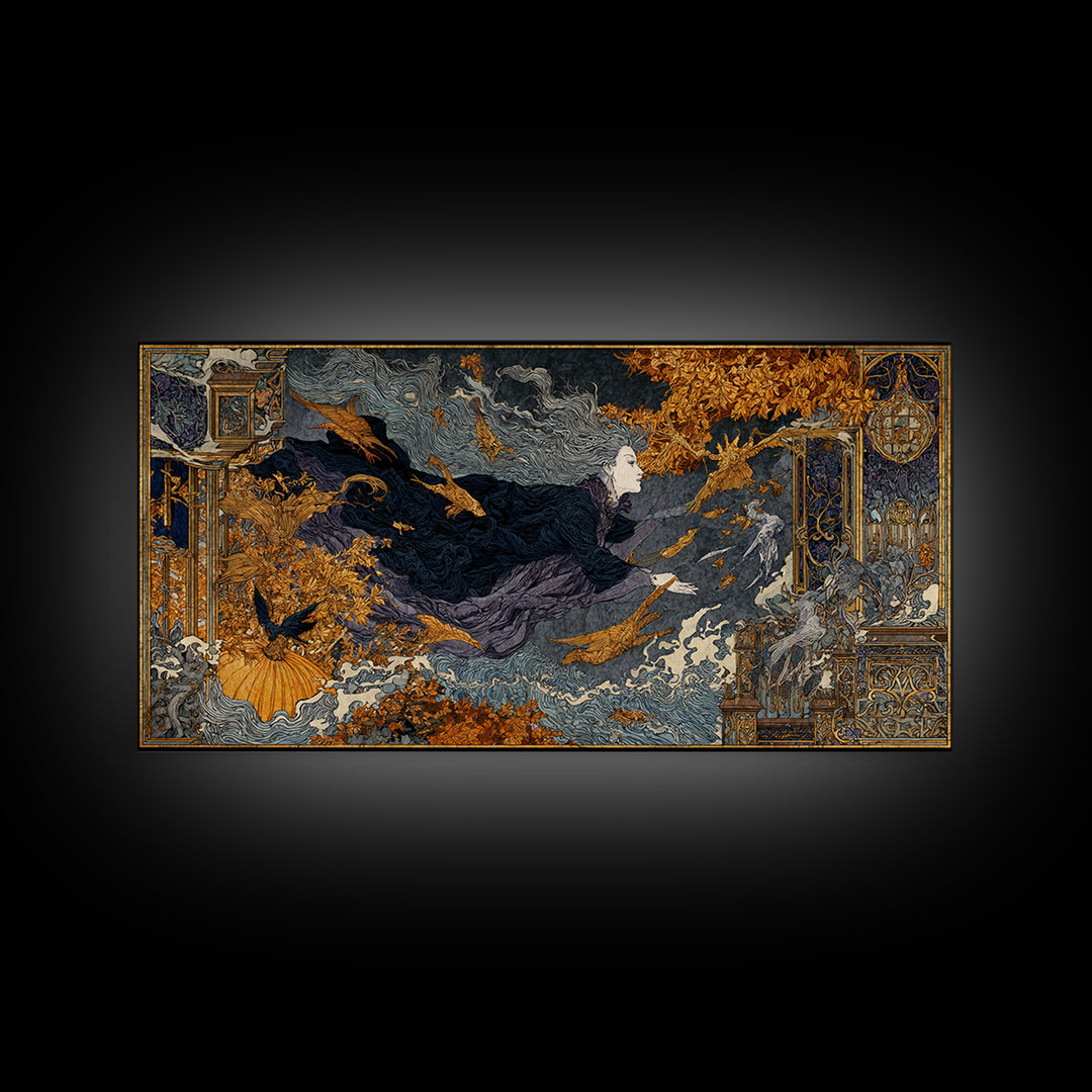 The Halloween Storm, Stained Glass Gothic Art, Wide Panoramic Art, Dark Fantasy Wall Art, Canvas Print, Halloween Wall Art
