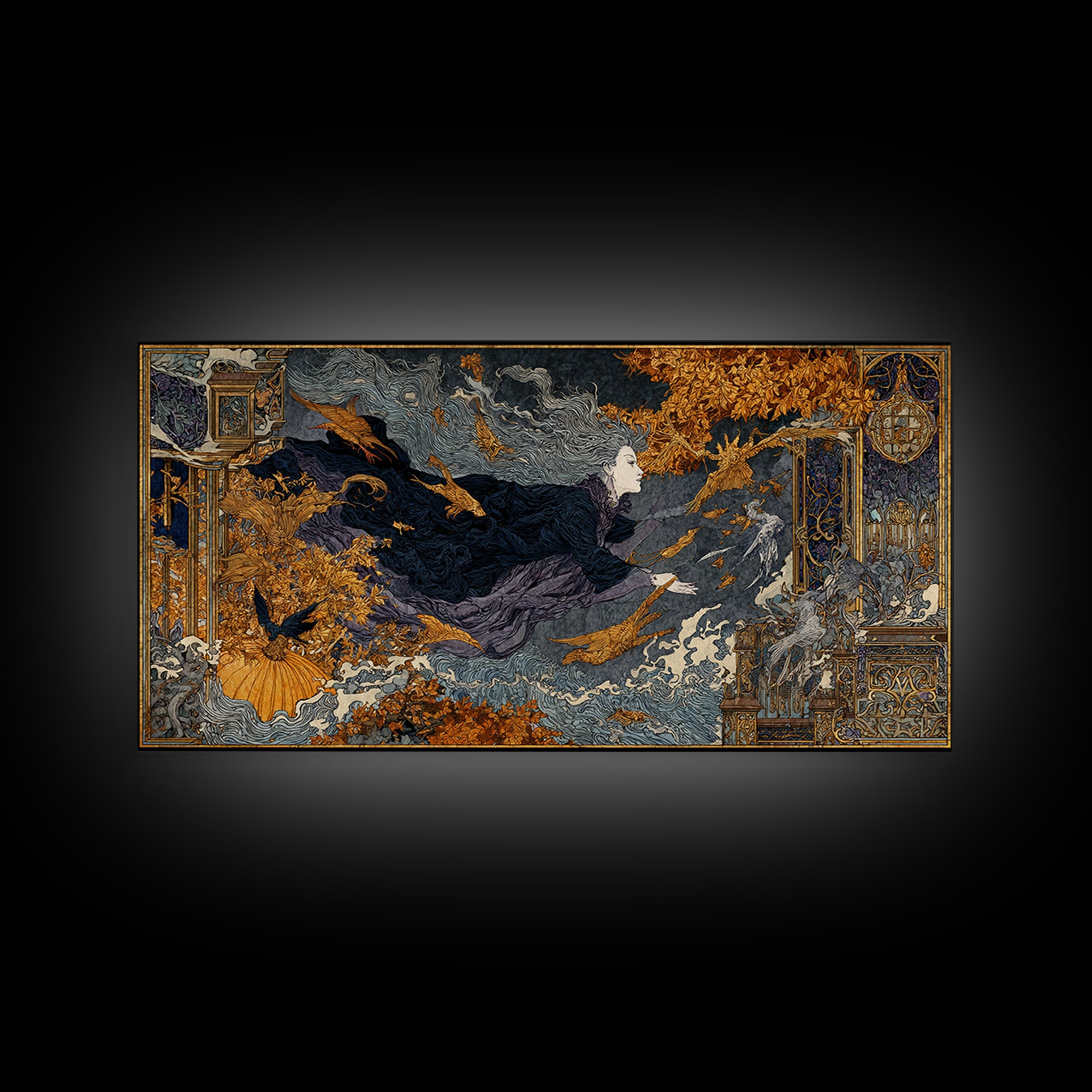 The Halloween Storm, Stained Glass Gothic Art, Wide Panoramic Art, Dark Fantasy Wall Art, Canvas Print, Halloween Wall Art