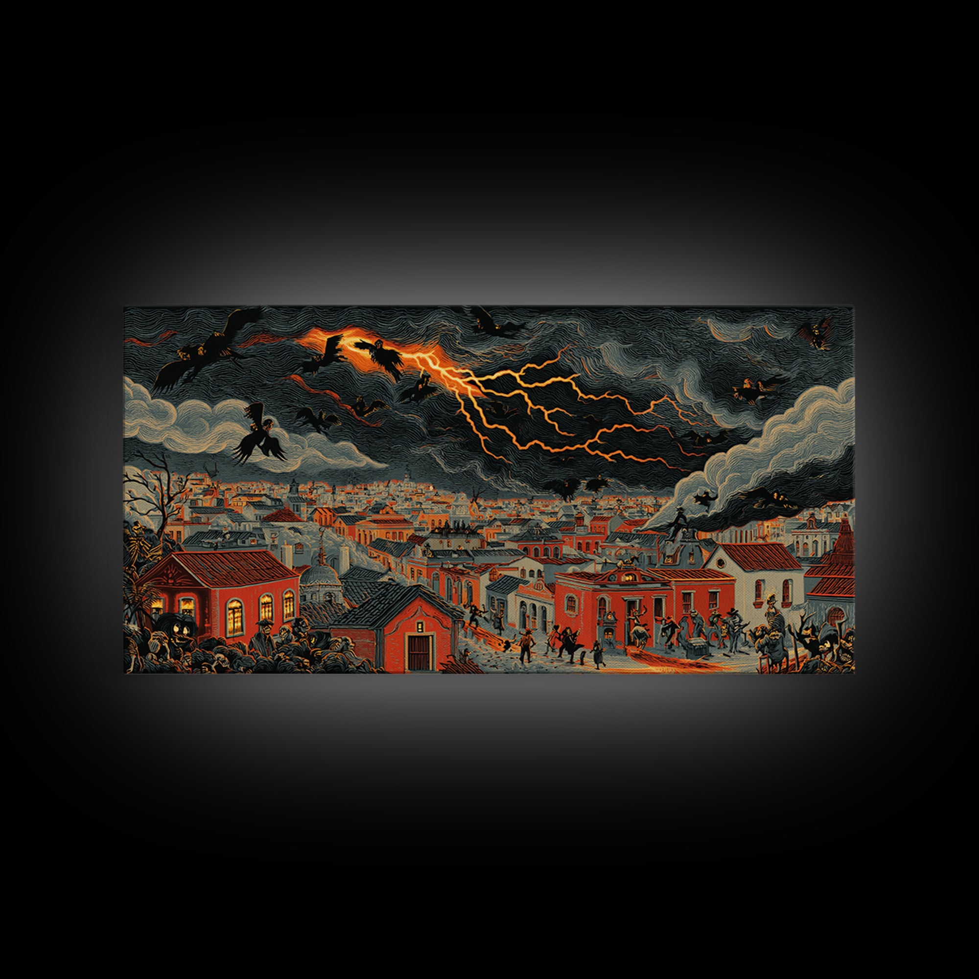 The Halloween Storm, Macabre Folk Print Art, Wide Panoramic Art, Dark Fantasy Wall Art, Framed Canvas Print, Halloween Wall Art