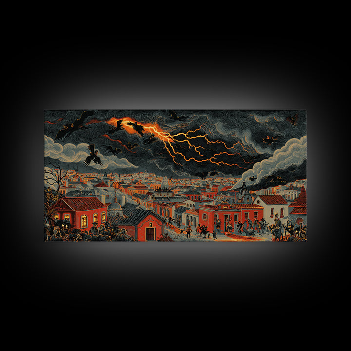 The Halloween Storm, Macabre Folk Print Art, Wide Panoramic Art, Dark Fantasy Wall Art, Framed Canvas Print, Halloween Wall Art