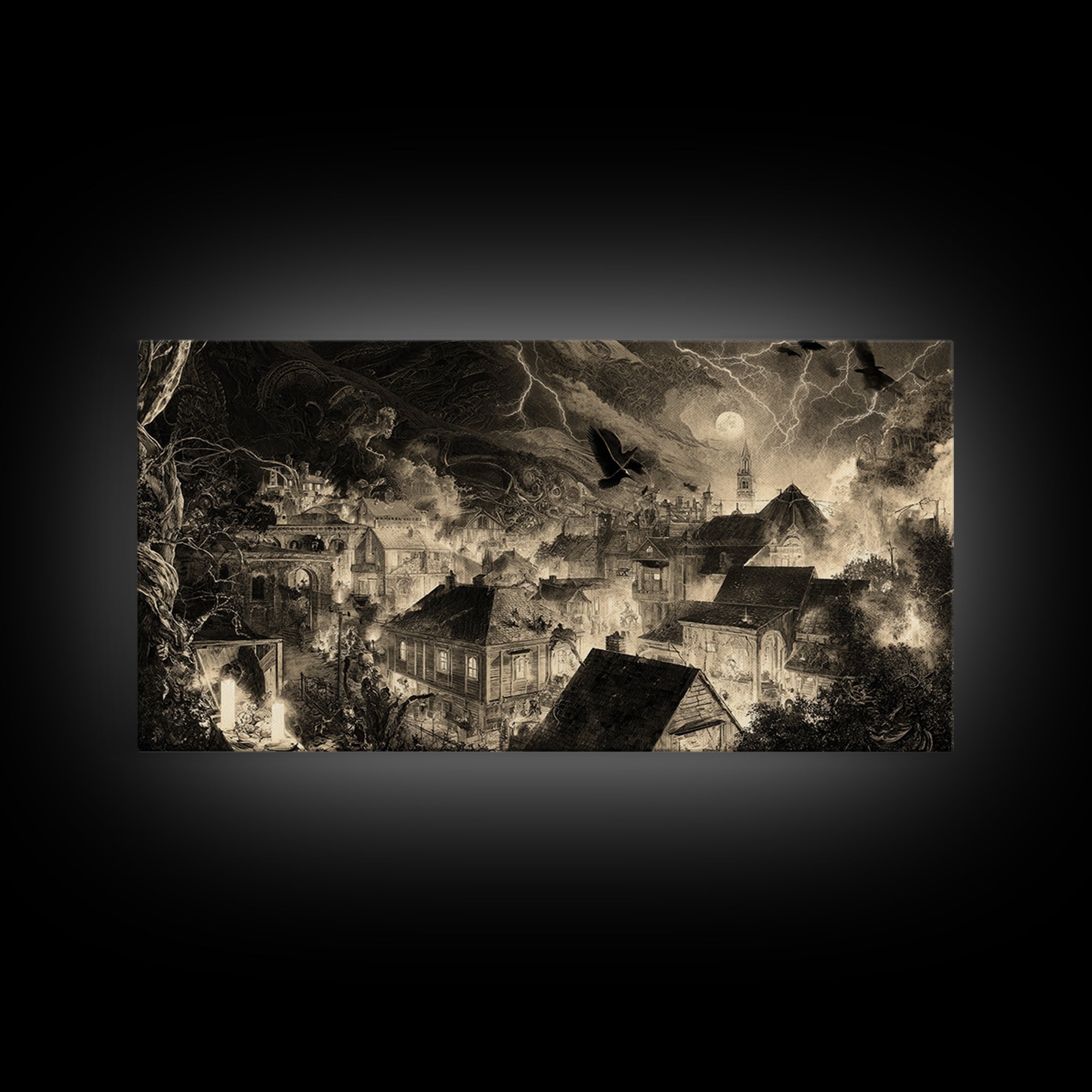 The Halloween Storm, Biomechanical Horror Art, Wide Panoramic Art, Dark Halloween Decor, Canvas Print, Halloween Wall Art
