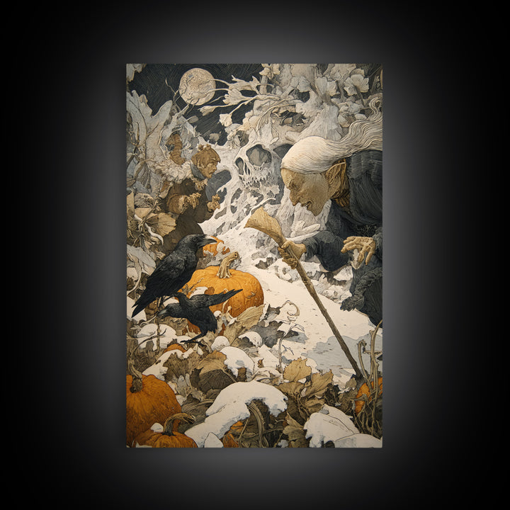 The First Frost Awakening, Symbolist Etching Art, Vertical Wall Art, Dark Fantasy Wall Art, Framed Canvas Print, Halloween Wall Art