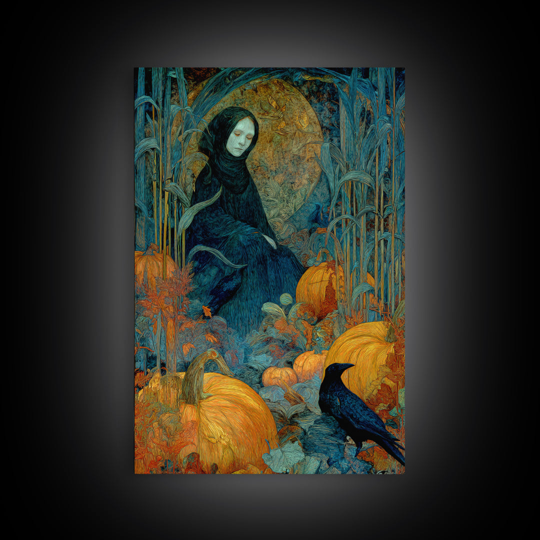 The First Frost Awakening, Expressionist Gothic Art, Vertical Wall Art, Dark Halloween Decor, Framed Canvas Print, Halloween Wall Art