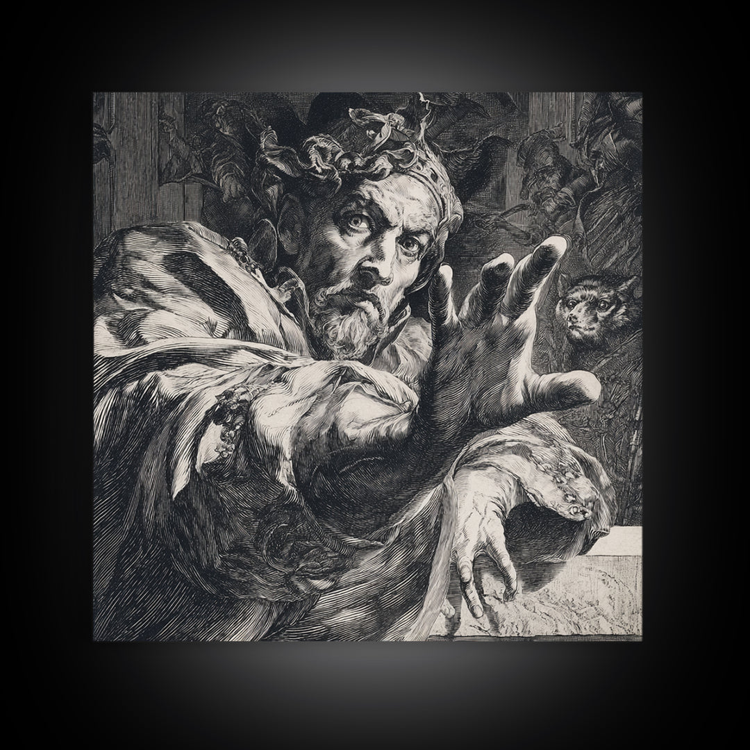 The Cursed Mirror, Renaissance Engraving Art, Square Wall Art, Gothic Horror Wall Art, Framed Canvas Print, Halloween Wall Art