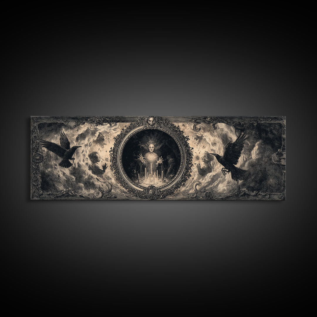 The Cursed Mirror, Dark Romantic Horror Art, Extra Wide Wall Art, Gothic Horror Wall Art, Canvas Print, Halloween Wall Art