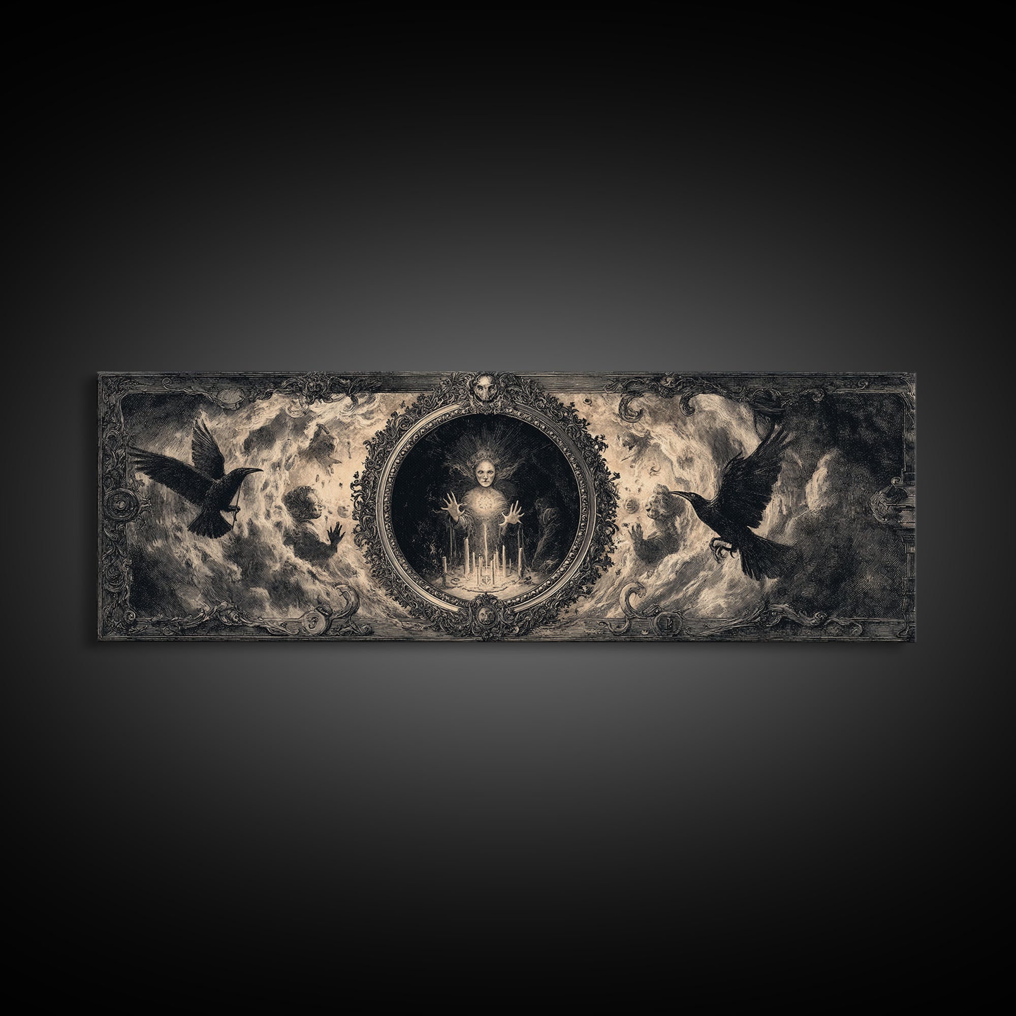 The Cursed Mirror, Dark Romantic Horror Art, Extra Wide Wall Art, Gothic Horror Wall Art, Canvas Print, Halloween Wall Art