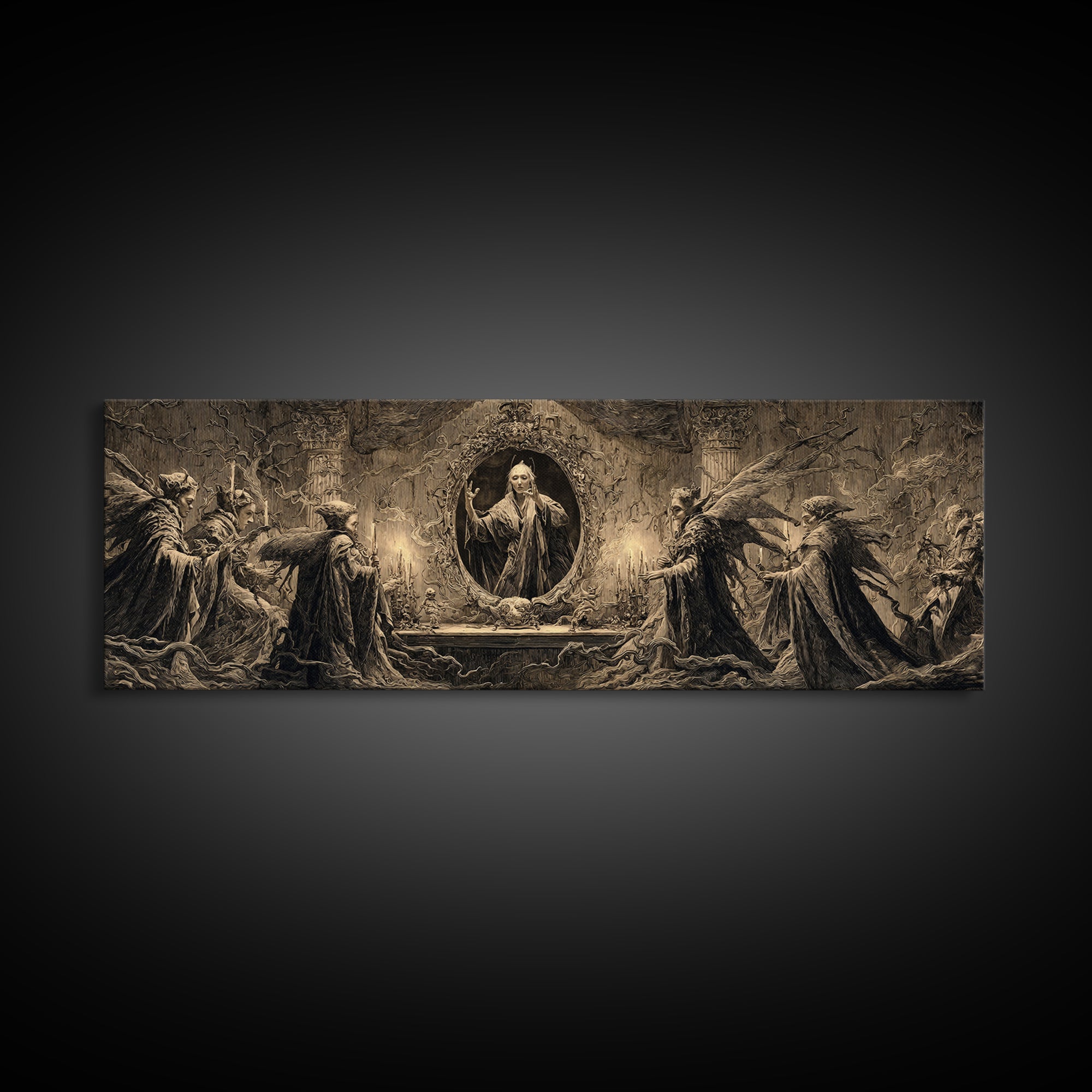 The Cursed Mirror, Visionary Gothic Art, Extra Wide Wall Art, Macabre Wall Art, Canvas Print, Halloween Wall Art, Gothic Home Decor