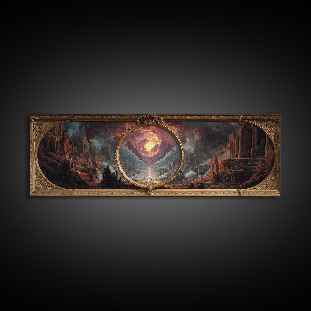 The Cursed Mirror, Apocalyptic Romantic Art, Extra Wide Wall Art, Gothic Horror Wall Art, Canvas Print, Halloween Wall Art